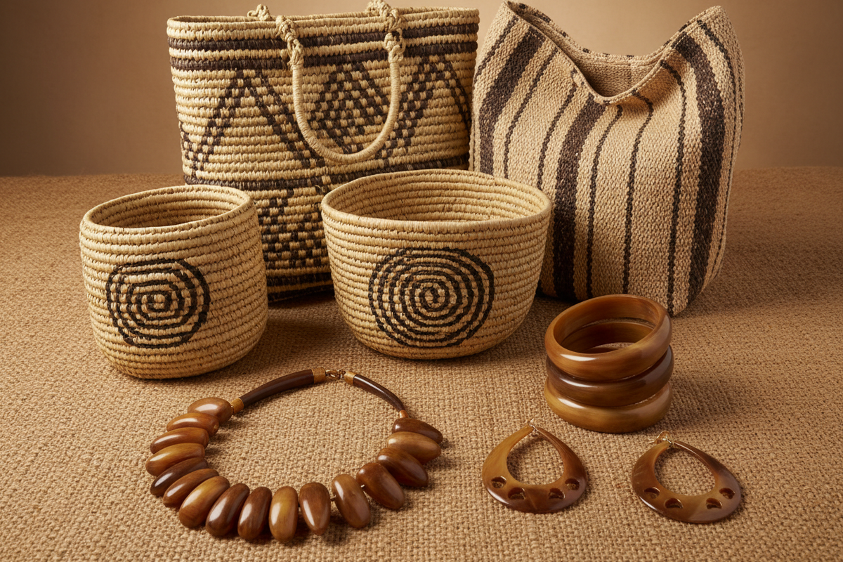 sac et panier en raphia et bijoux en corne de zebu de madagascar 